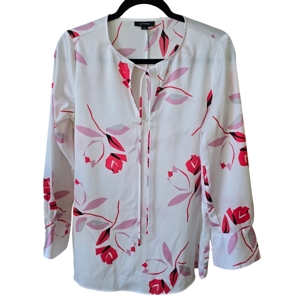 Alfani White Floral Tie Neck Long Sleeve Blouse Top Size S